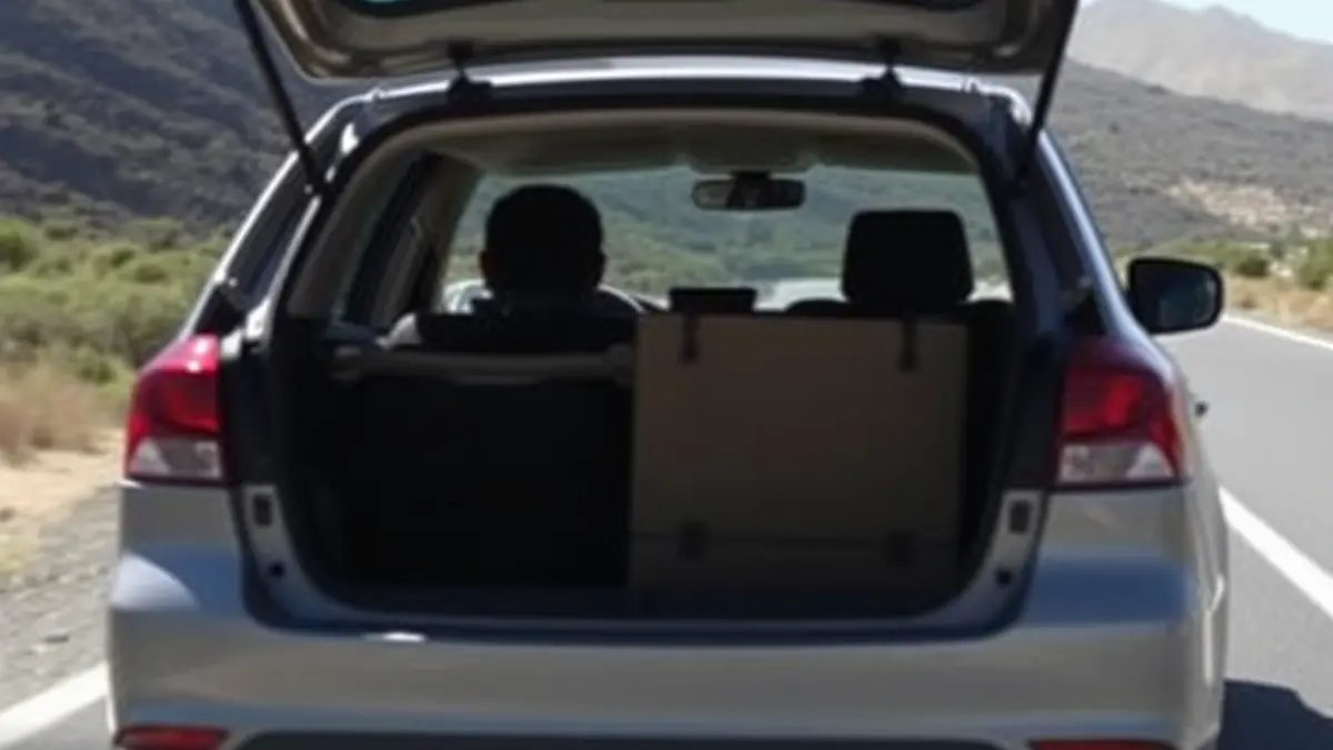 Coche circulando con el maletero abierto y una persona dentro en una carretera de Canarias.