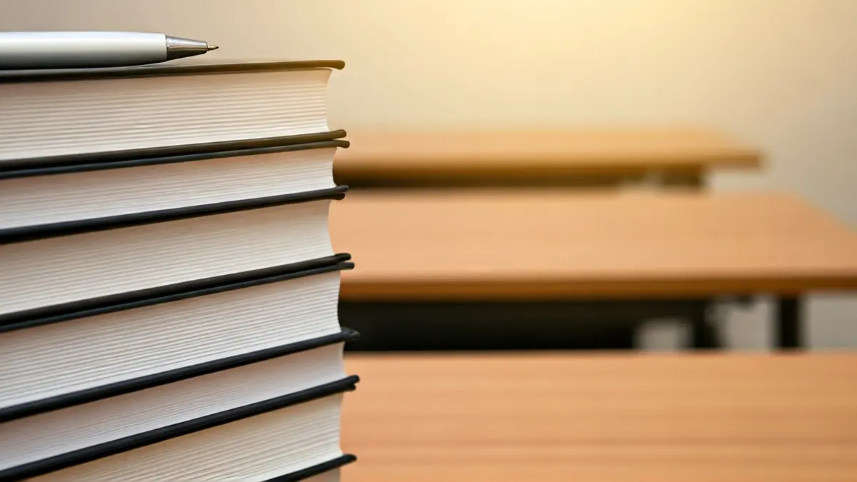 Generic image of textbooks and a pen on a desk, symbolizing the educational field.