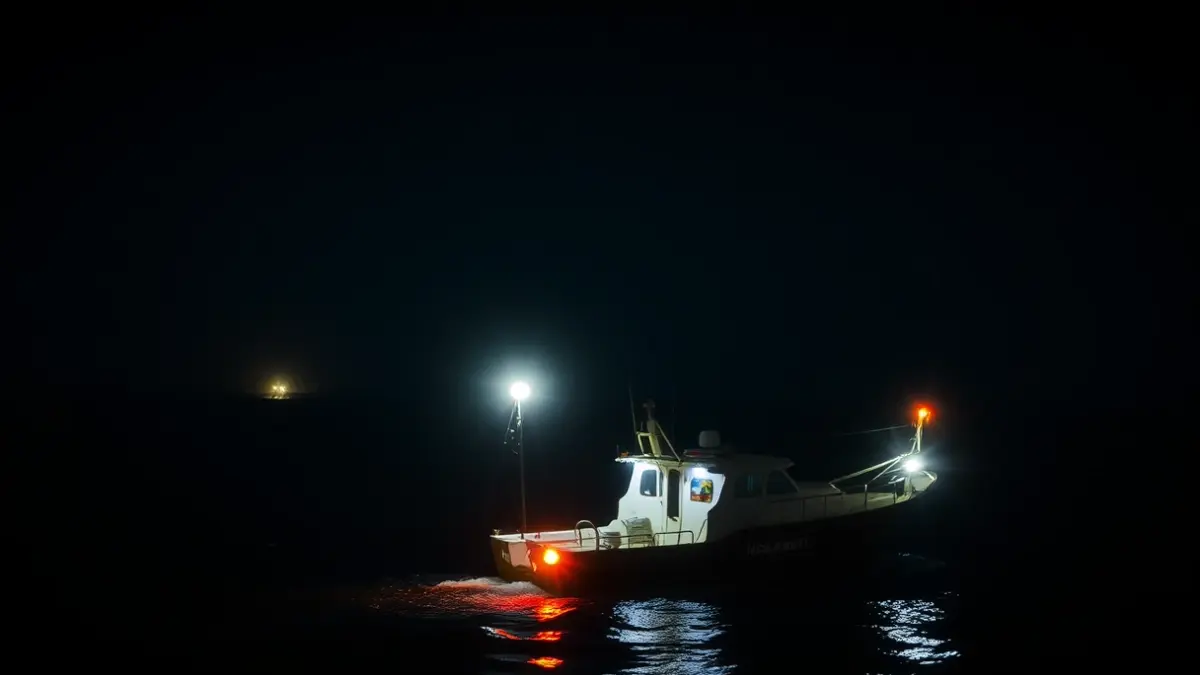 Fishing vessel in the dark night, with blurred emergency lights in the distance.
