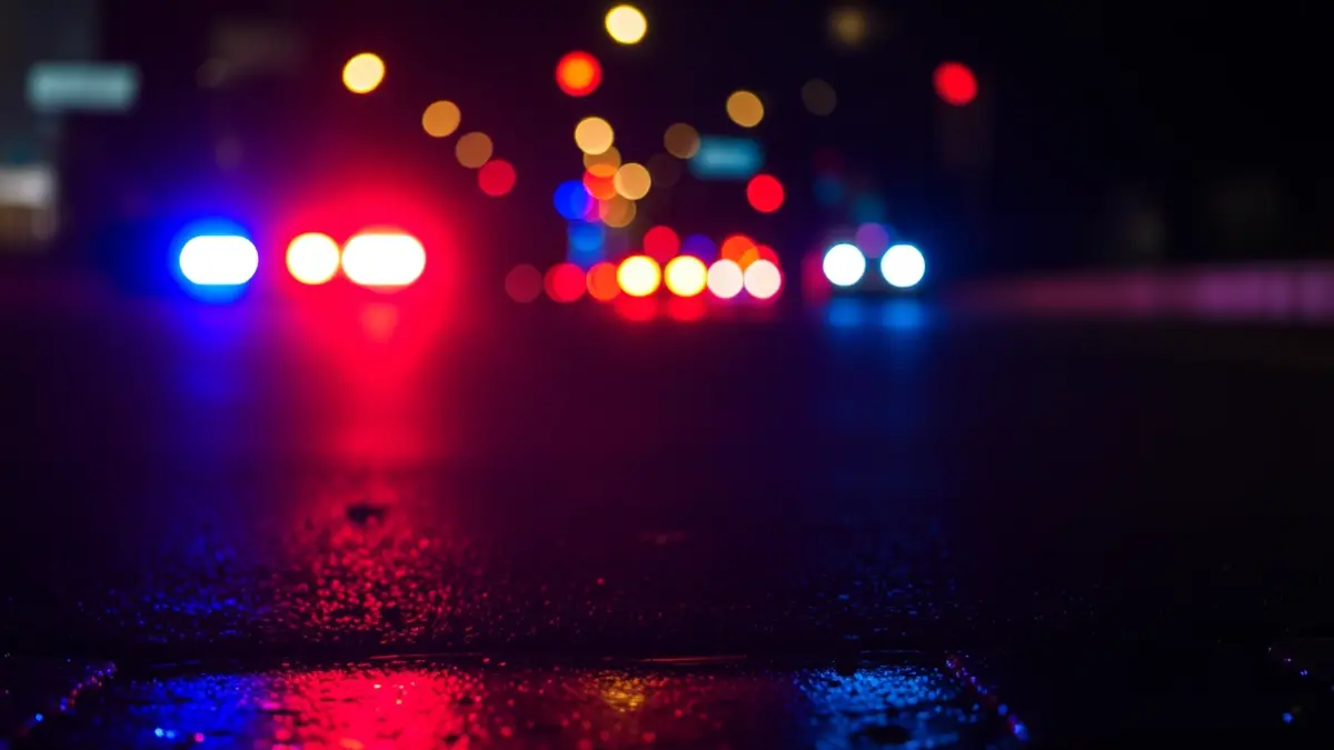 Generic image of police emergency lights reflecting on wet asphalt.