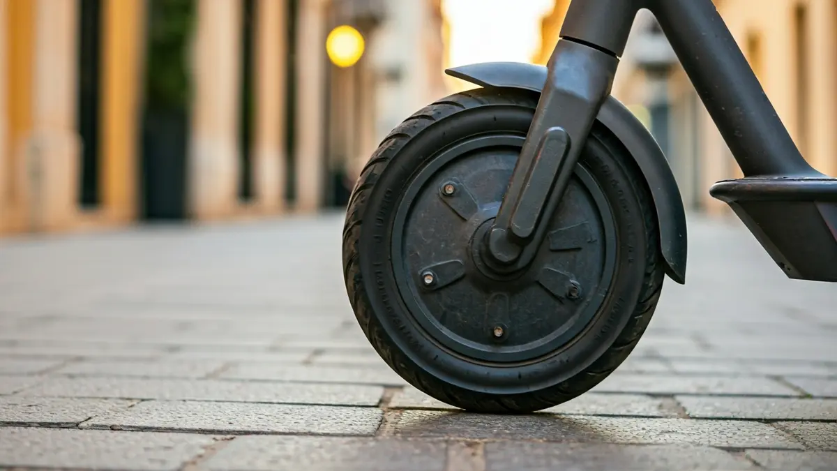 Generic image of an electric scooter wheel on a sidewalk.