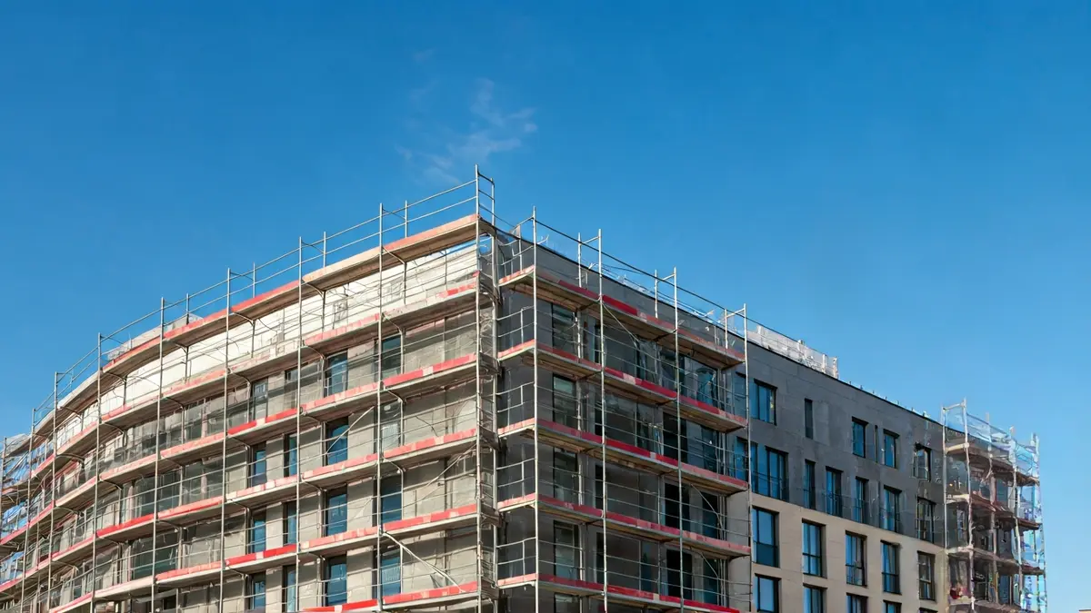 Imagen de la fachada de un edificio en rehabilitación con andamios.