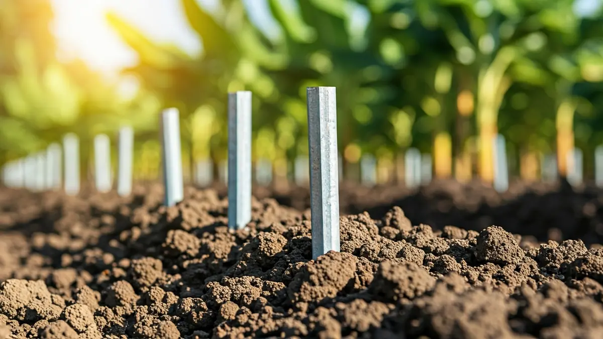 Metal stakes used for banana cultivation on an agricultural farm.