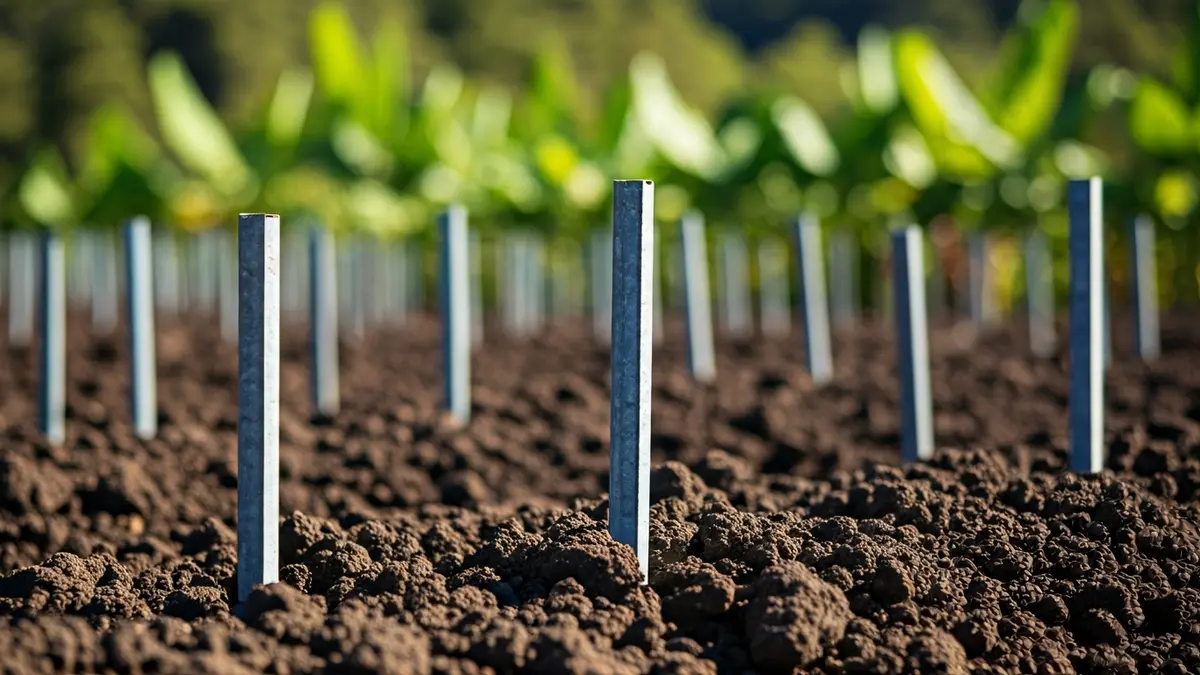 Imagen de estacones metálicos en una plantación de plataneras.