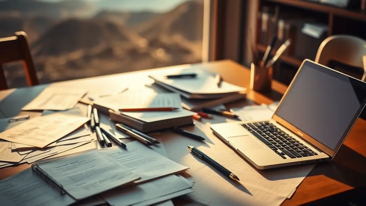 Imagen genérica de un escritorio de guionista con papeles y un ordenador portátil.