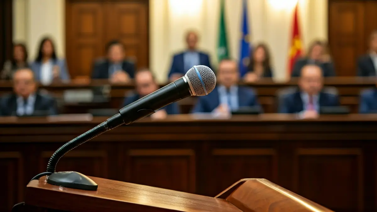 Imagen genérica de un micrófono en un podio durante una sesión plenaria.