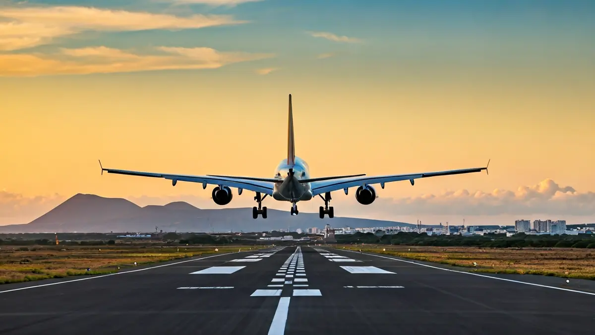 Avión despegando de una pista con un paisaje volcánico al fondo.