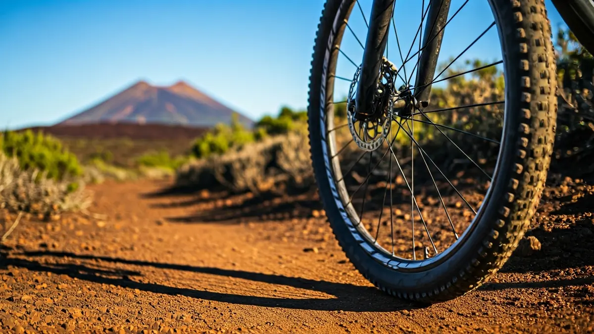 Imagen genérica de una rueda de bicicleta de montaña en un sendero de tierra.