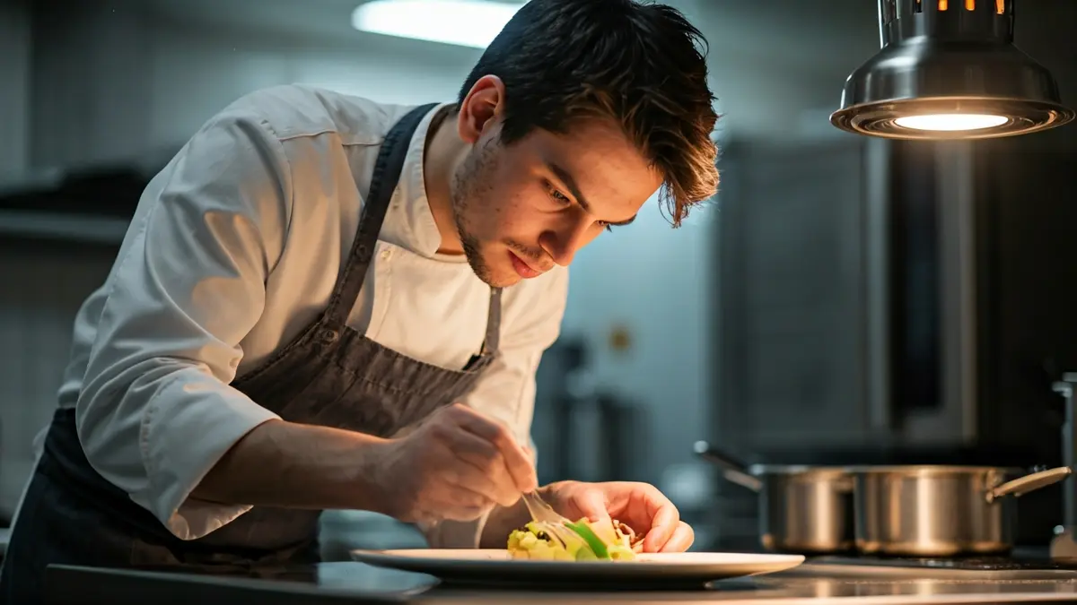 Imagen genérica de un joven chef emplatando un plato en una cocina profesional.