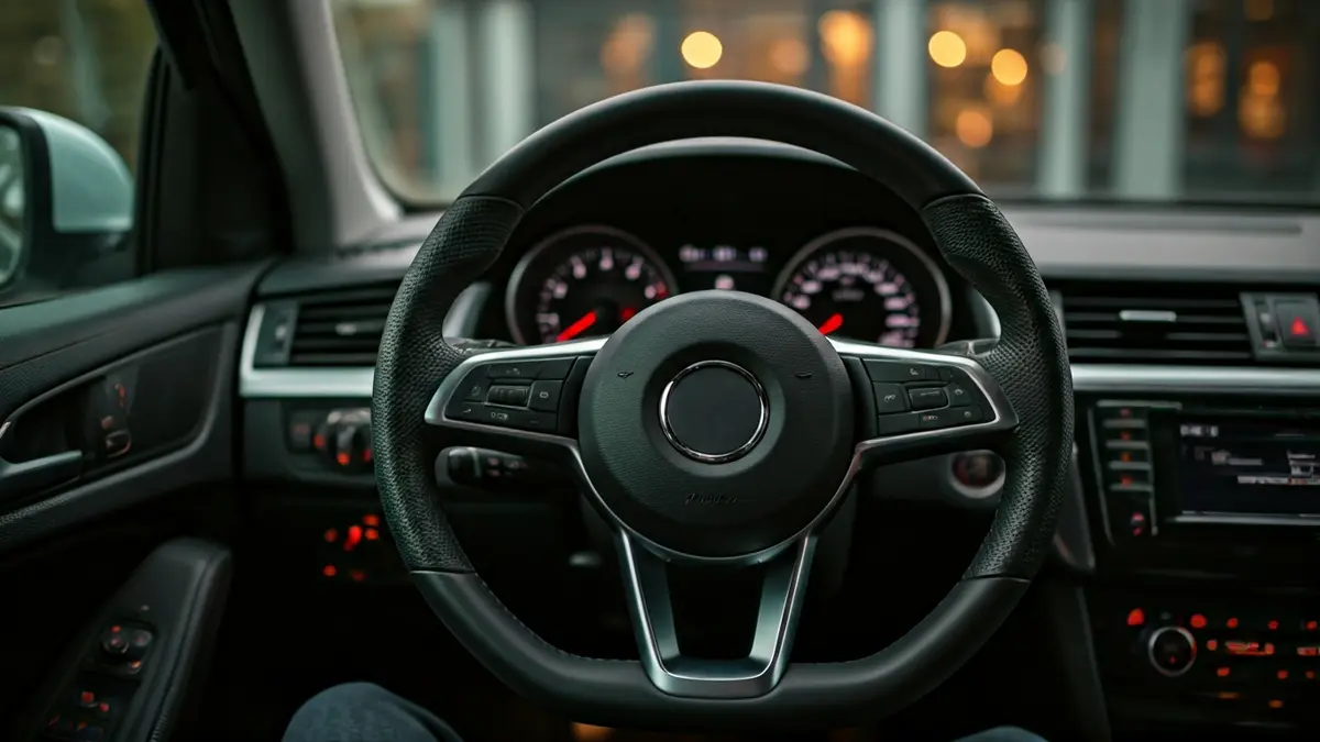 Imagen genérica de un volante de coche moderno con manos borrosas.