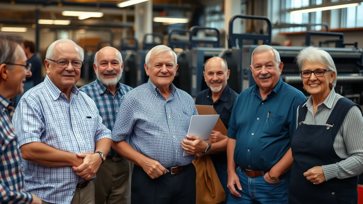 Imagen de un grupo de jubilados de prensa visitando una imprenta moderna.