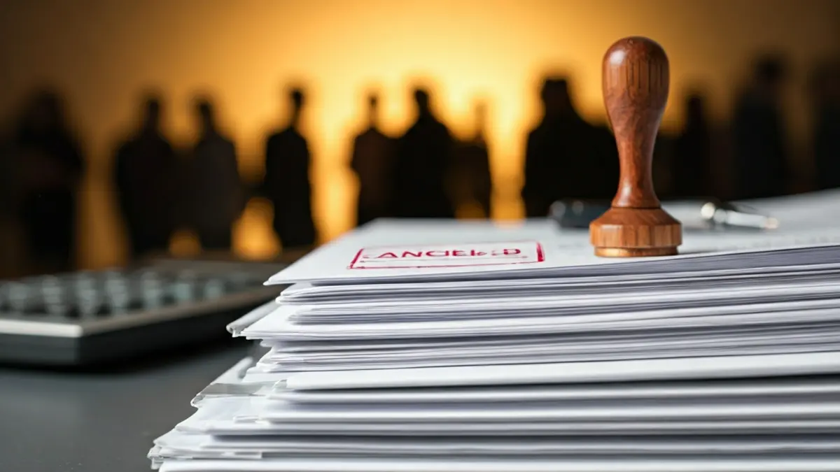 Imagen genérica de documentos oficiales con un sello de 'CANCELADO' y una calculadora.