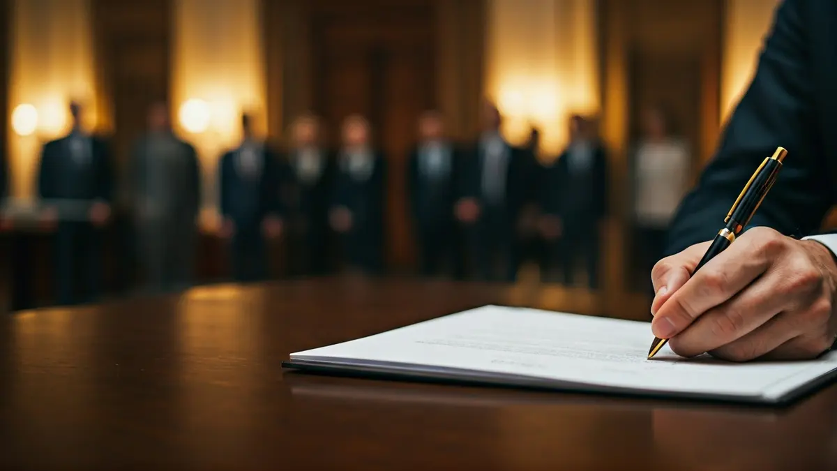 Generic image of a hand signing an official document in an office setting.