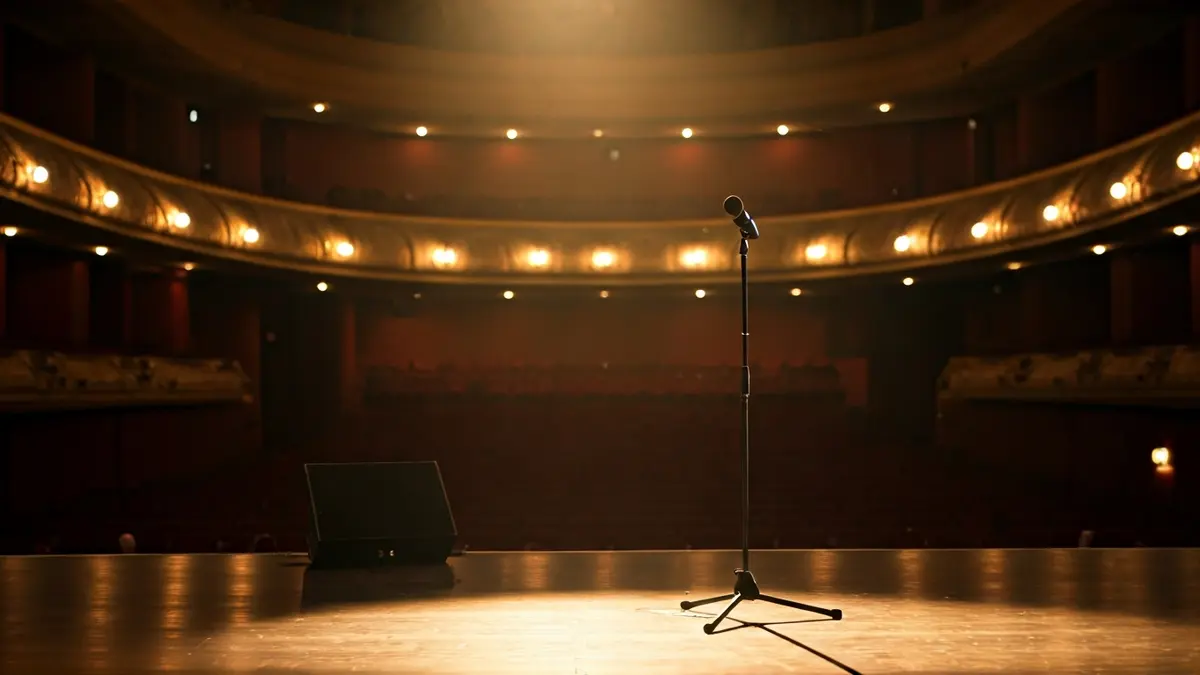 Imagen genérica de un escenario con un micrófono bajo un foco en un teatro moderno.