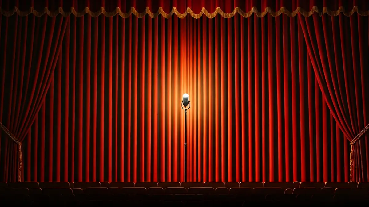 Generic image of a theater stage with red curtains and a microphone.