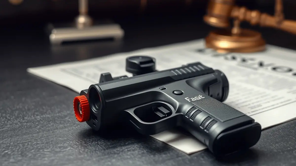 Image of a taser gun with an integrated camera, on a dark surface.