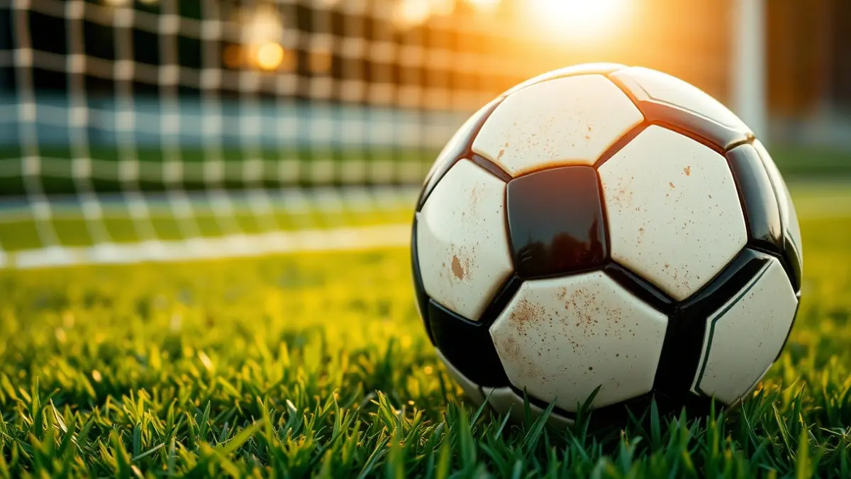 Generic image of a soccer ball on grass, with a blurred goal in the background.