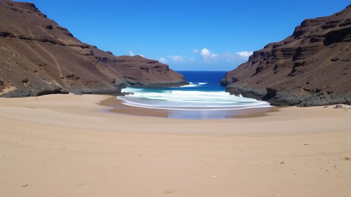 Imagen de una playa en la desembocadura de un barranco, con el mar en calma.