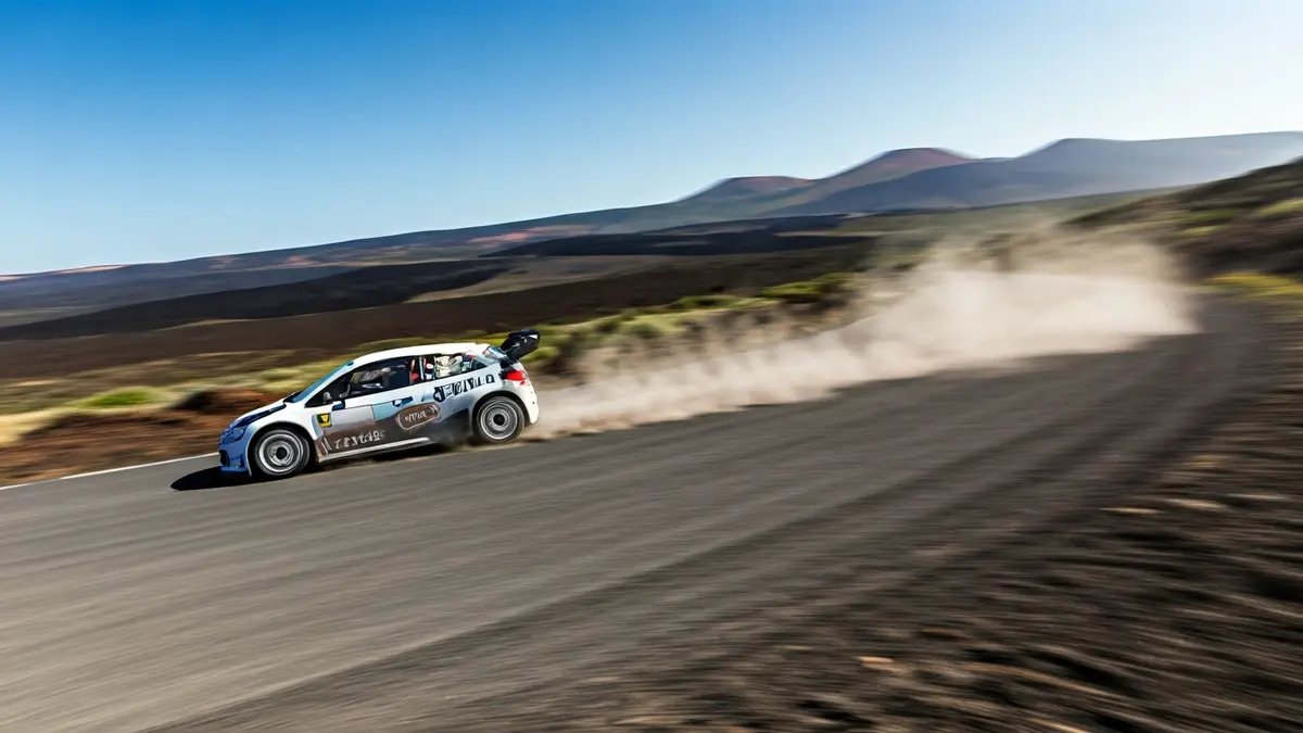 Imagen de un neumático de coche de rally levantando polvo en una carretera, con paisaje volcánico de fondo.