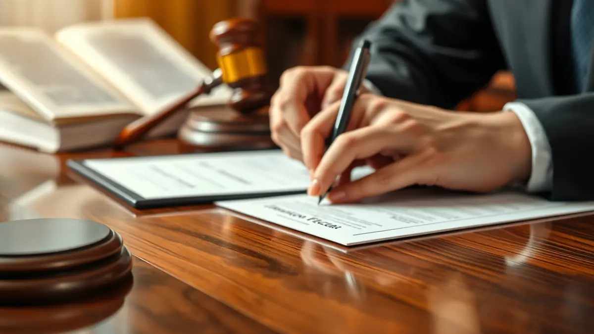 Imagen genérica de manos firmando un documento legal en una mesa de madera.