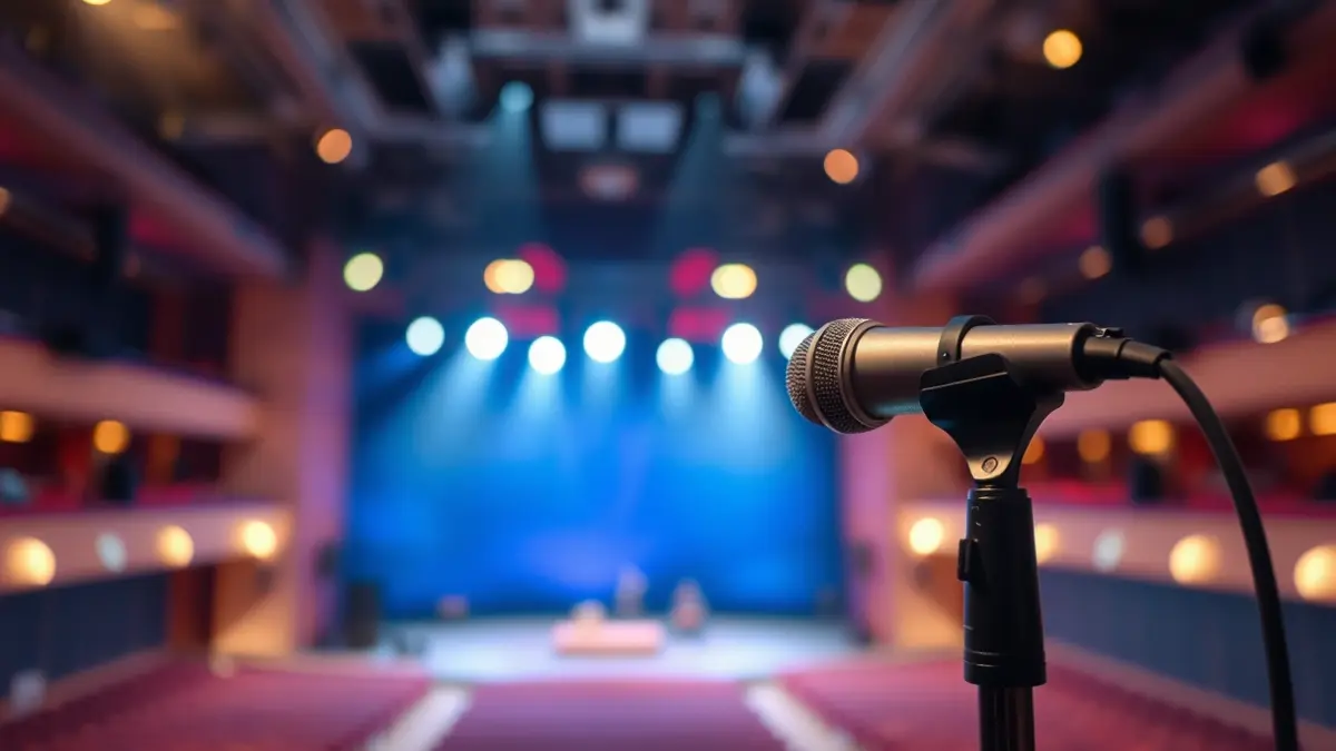 Imagen genérica de un micrófono en un escenario vacío, con luces de concierto difuminadas al fondo.