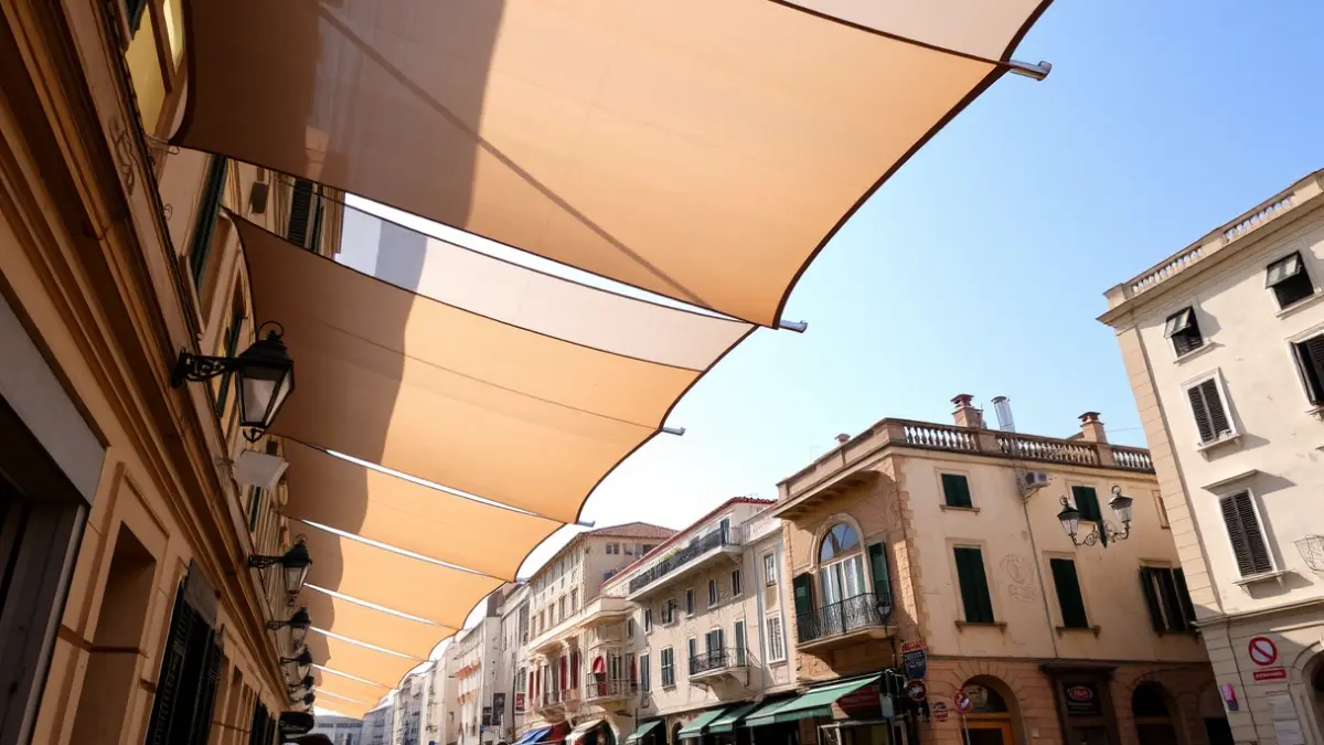 Image of a commercial street with shade canopies.