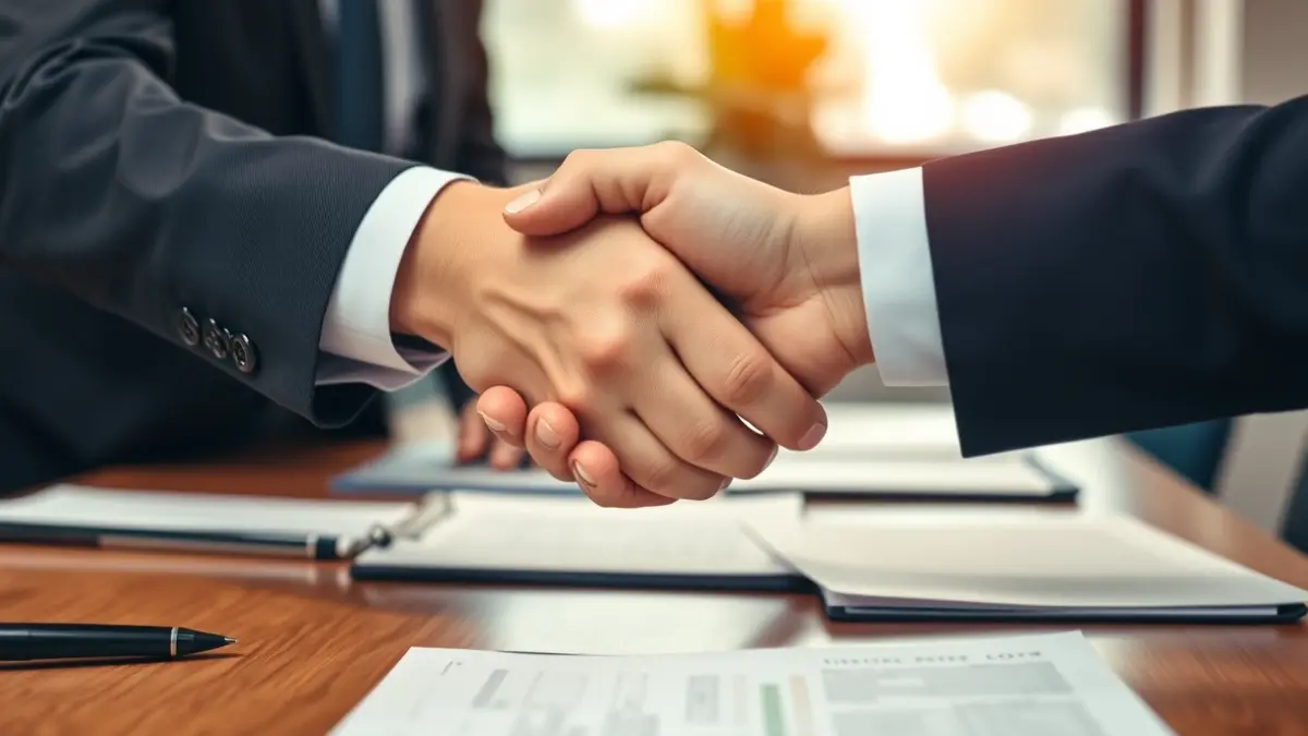 Generic image of two people shaking hands in an office setting, symbolizing a business agreement or cooperation.