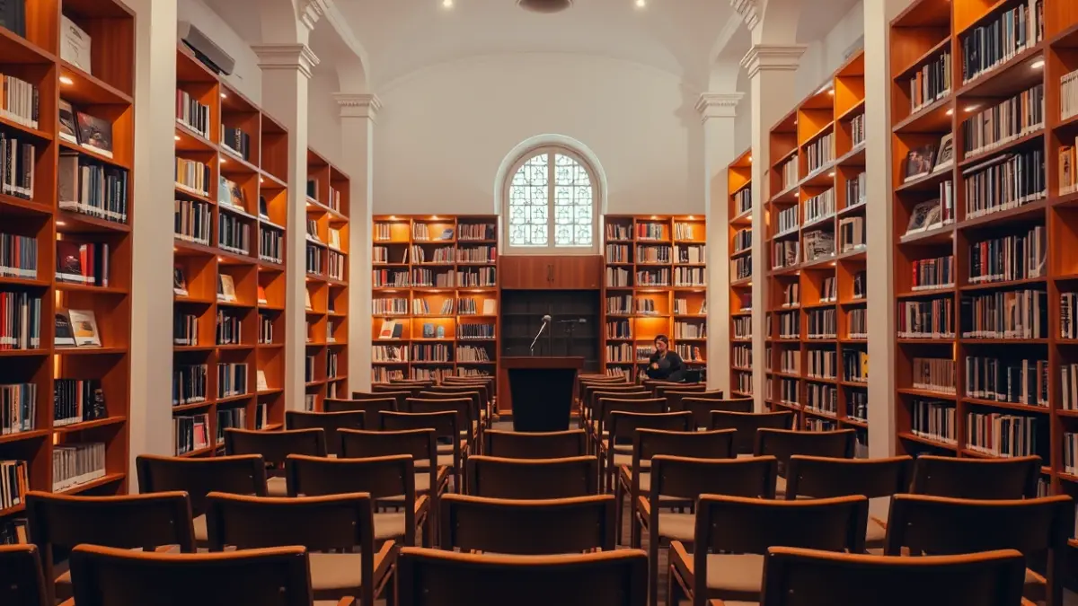 Imagen genérica de una biblioteca o sala de lectura con un micrófono en un podio.