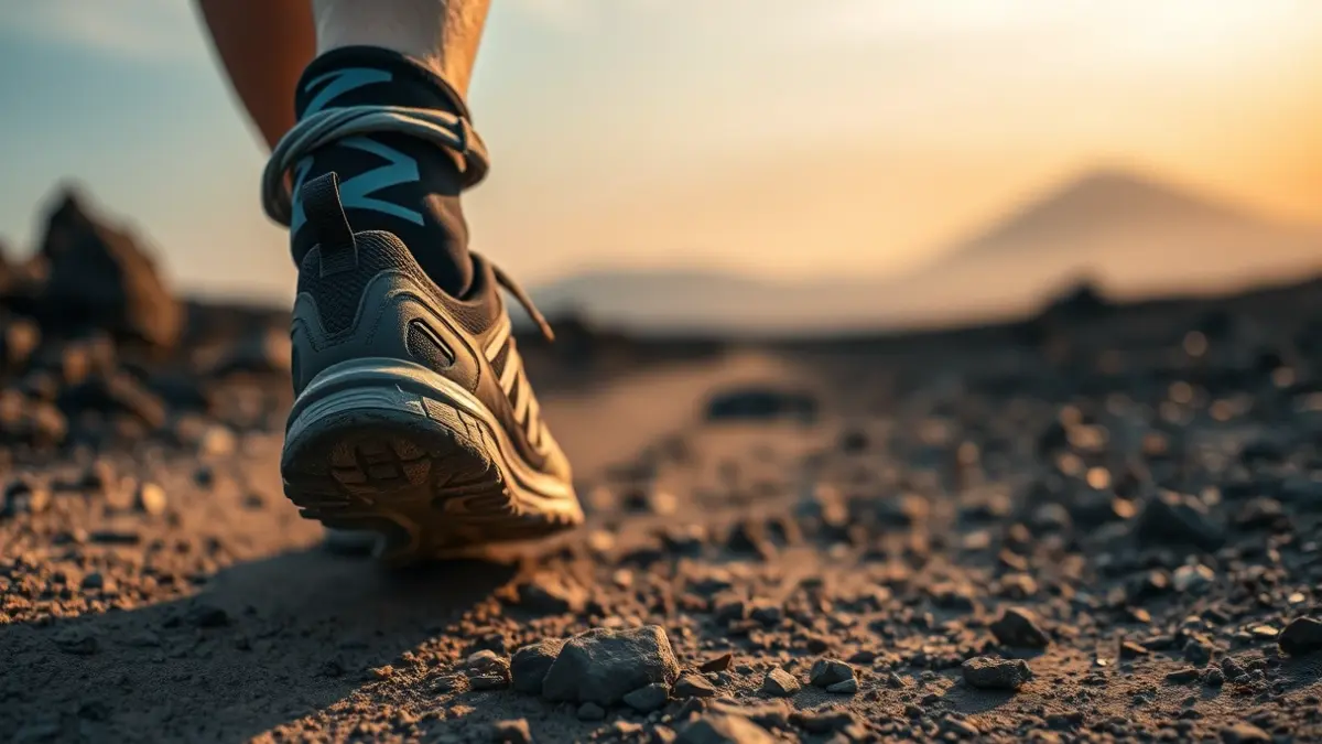 Imagen genérica de una zapatilla de trail running en un sendero rocoso con calima de fondo.