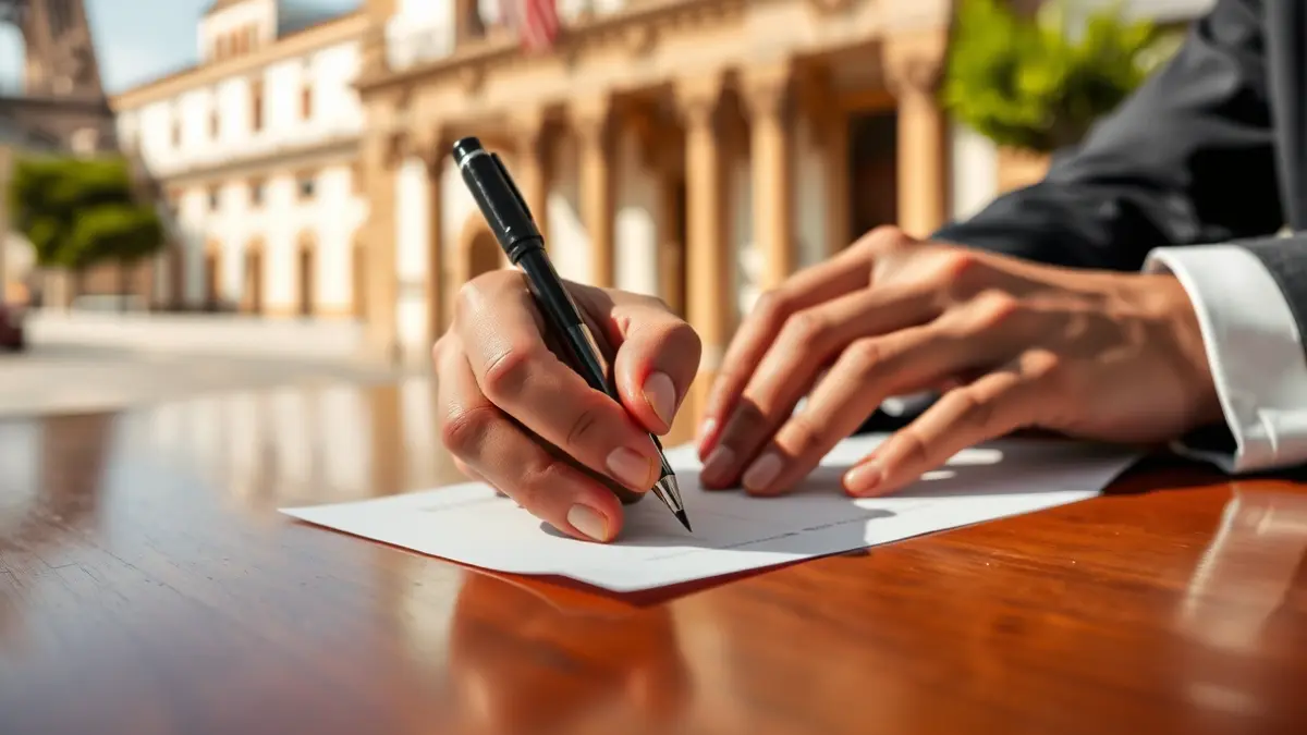 Imagen de manos firmando un documento, simbolizando acuerdos o decisiones políticas.