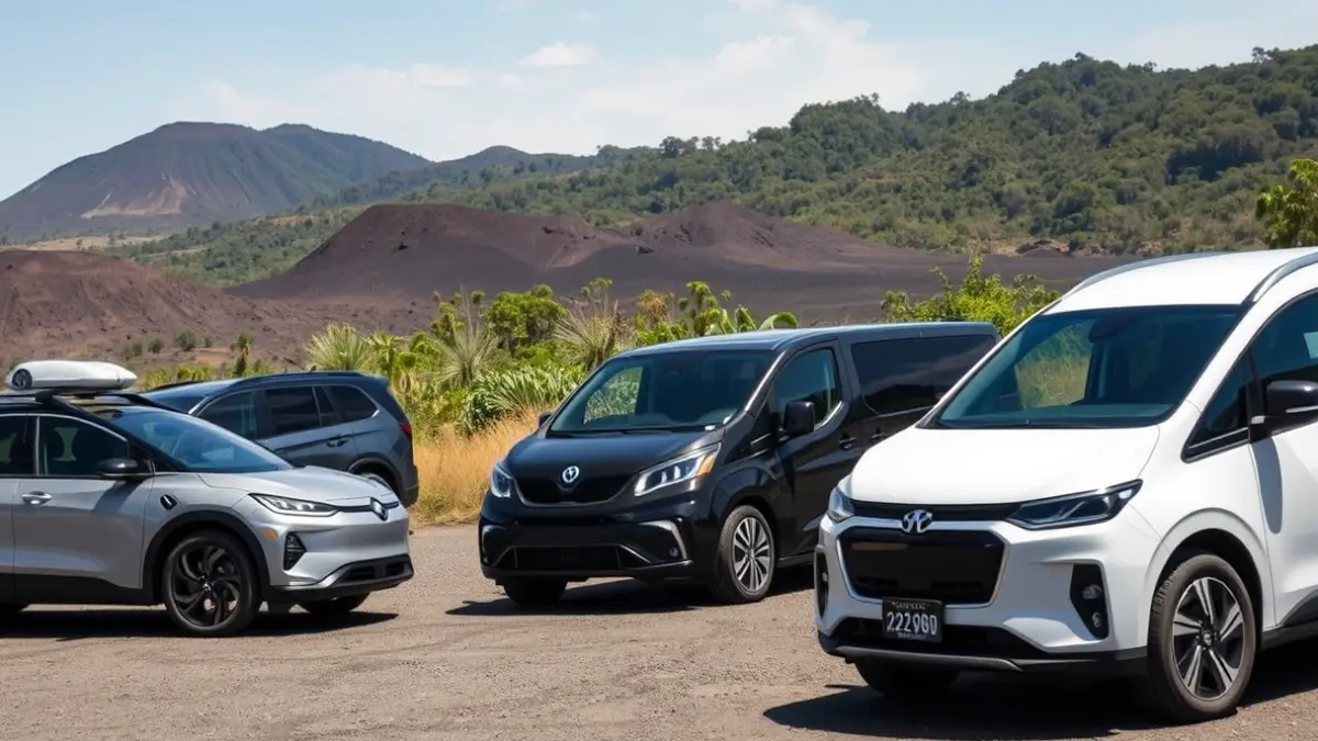 Flota de vehículos eléctricos e híbridos en un parque natural de La Palma.