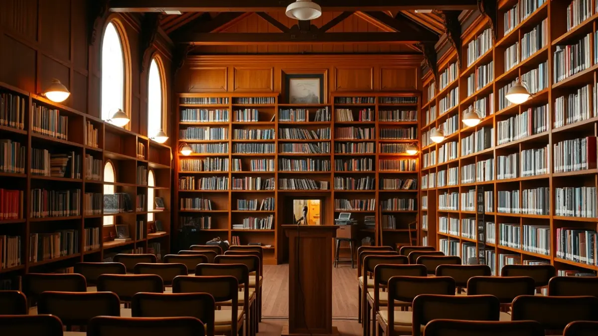 Imagen genérica de una sala de conferencias o biblioteca con un podio y sillas vacías, iluminada cálidamente.