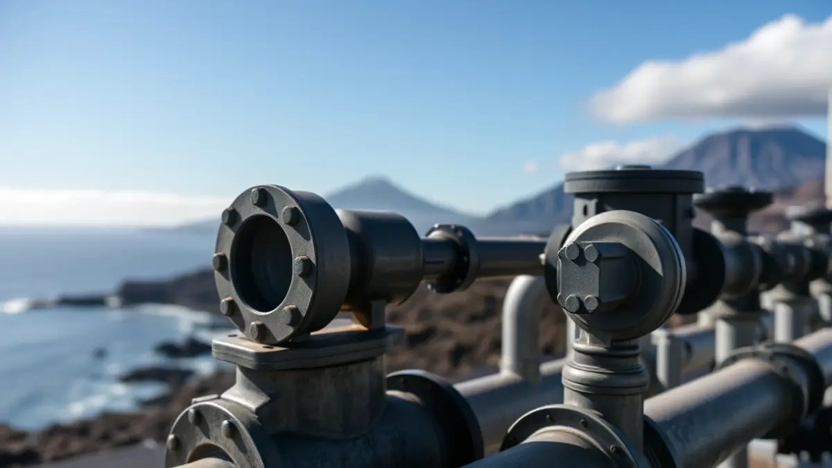 Imagen de una planta desaladora con tuberías industriales y el océano de fondo en La Palma.