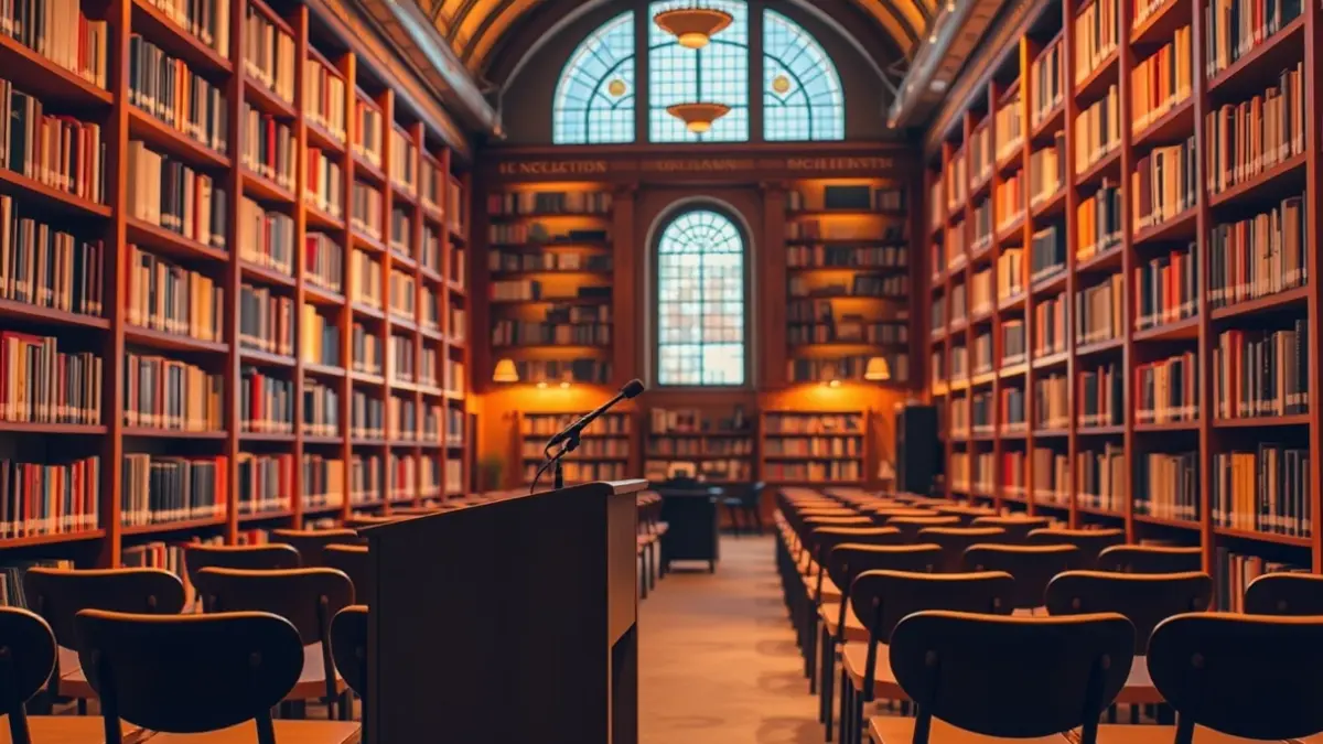 Generic image of a library interior with wooden bookshelves and a podium with a microphone.