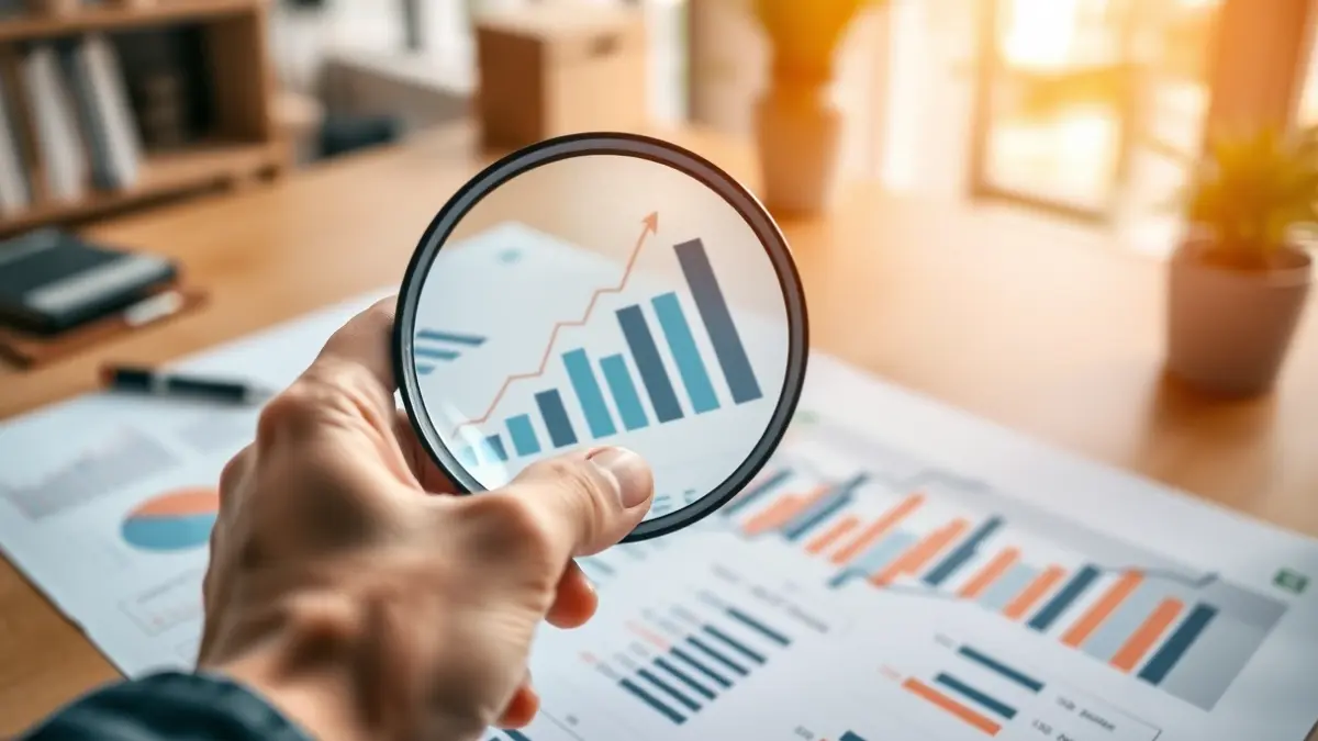 Generic image of an economic report with charts and numbers, analyzed with a magnifying glass.