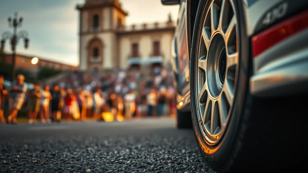 Imagen de un neumático de coche de rally en asfalto, con una multitud borrosa y un edificio histórico al fondo.