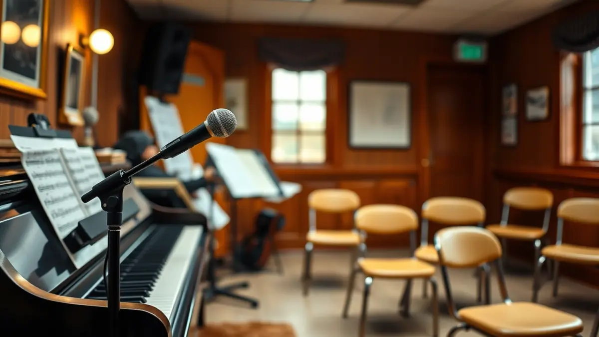 Imagen genérica de un aula de música con un micrófono y un piano.