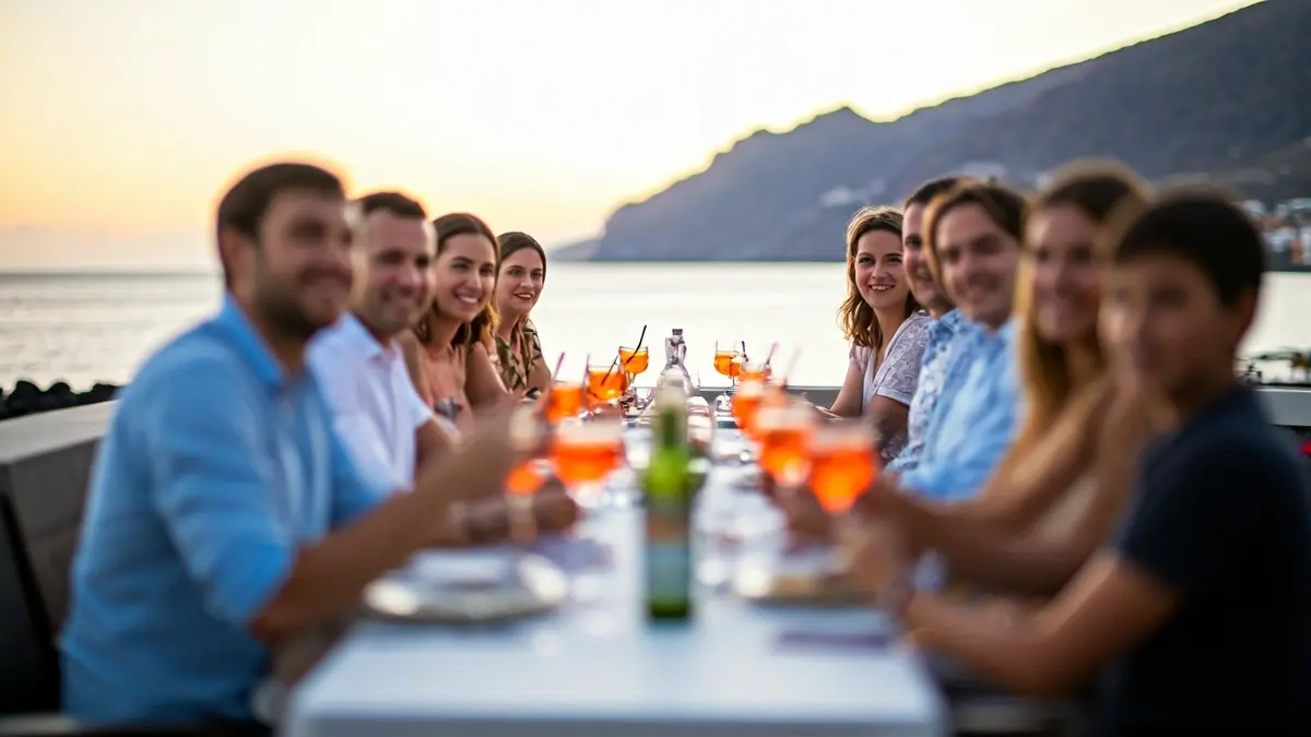 Familia numerosa cenando en una terraza junto al mar en Tenerife.