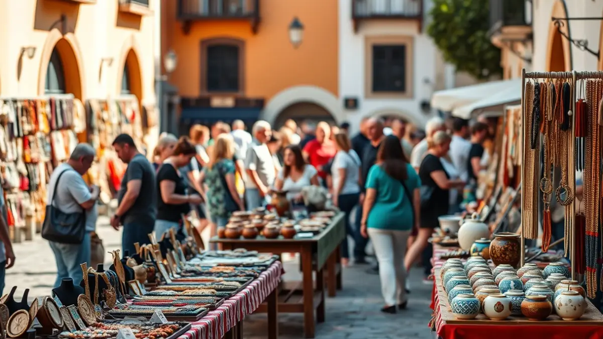Imagen genérica de un mercado de artesanía con diversos productos hechos a mano.