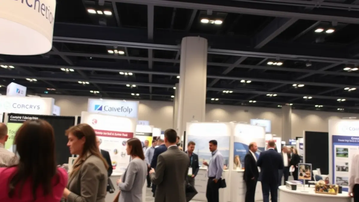 Imagen genérica de una feria de empleo con stands y personas interactuando.