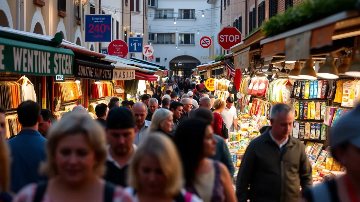 Generic image of a discount fair with people shopping and sales booths.