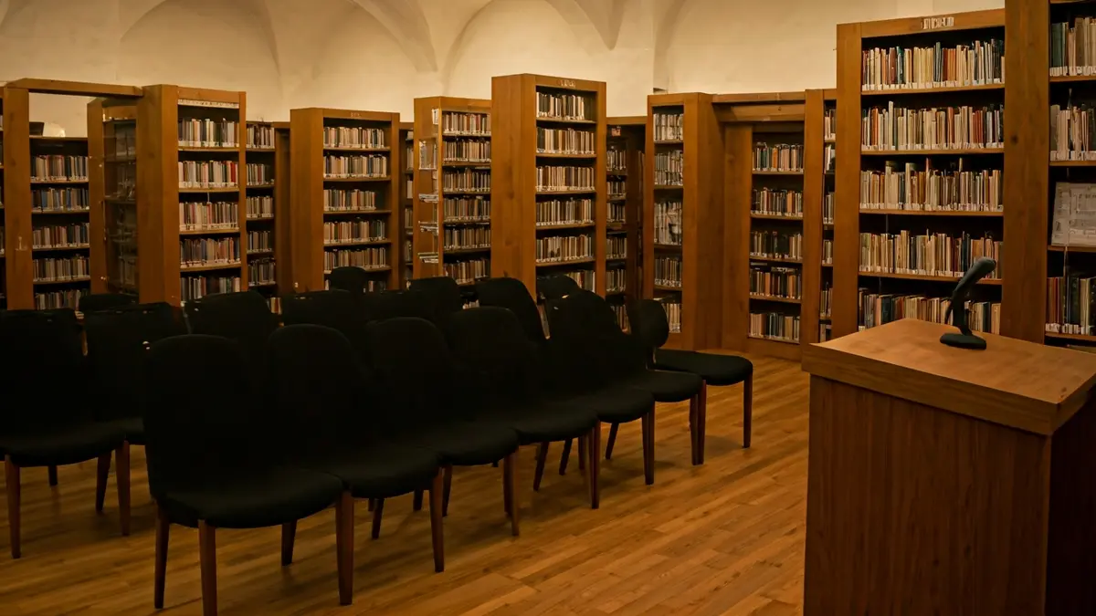 Imagen genérica de un interior de biblioteca con estanterías de madera y un podio con micrófono, iluminado con luz cálida.