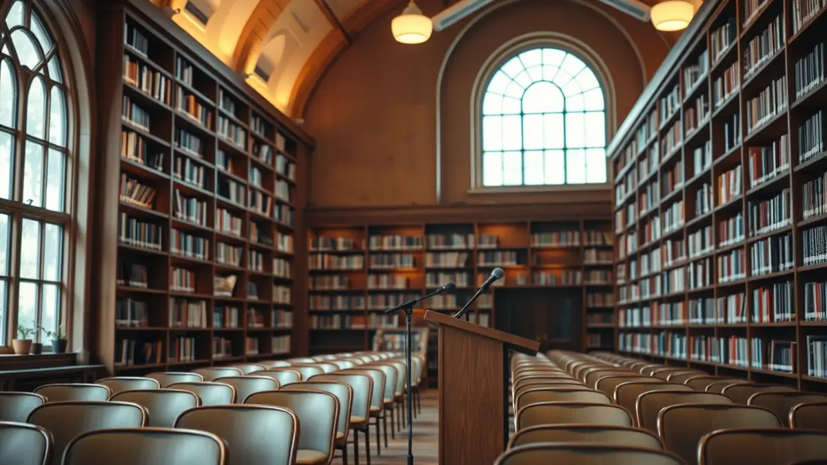 Generic image of a library interior with wooden bookshelves and a podium with a microphone, evoking a reading and literary presentation atmosphere.