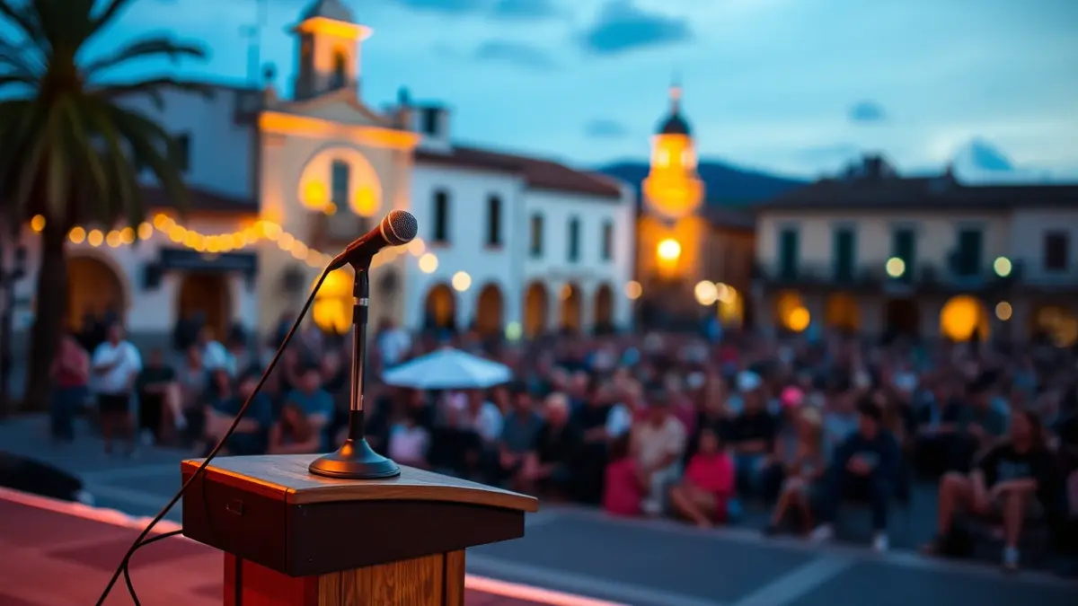 Imagen de un micrófono en un escenario al aire libre durante un concierto literario.