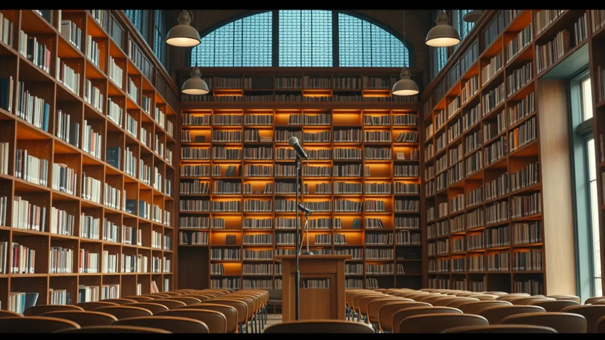 Imagen genérica de un ambiente literario con estanterías y un podio.