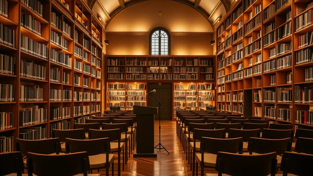 Imagen genérica de un espacio de presentación literaria con estanterías y un podio.