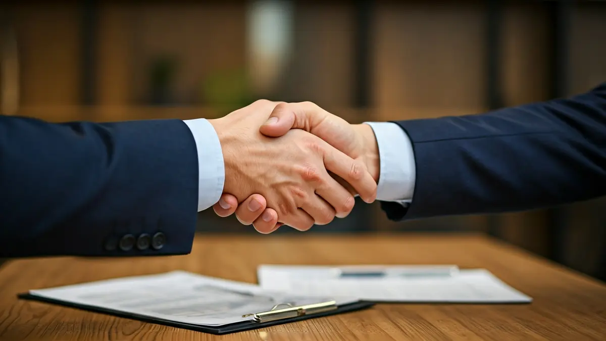 Generic image of two hands shaking over a desk, symbolizing collaboration between talent and business.