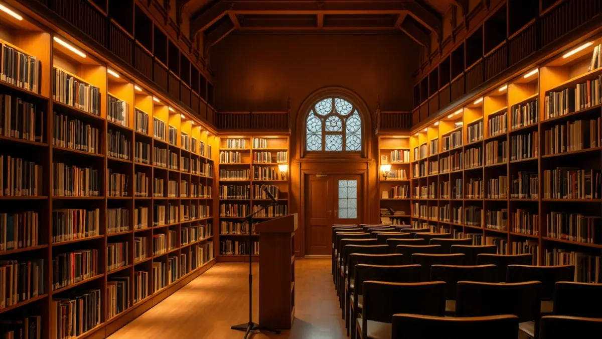 Generic image of an exhibition hall or library with a warm, cultural atmosphere.