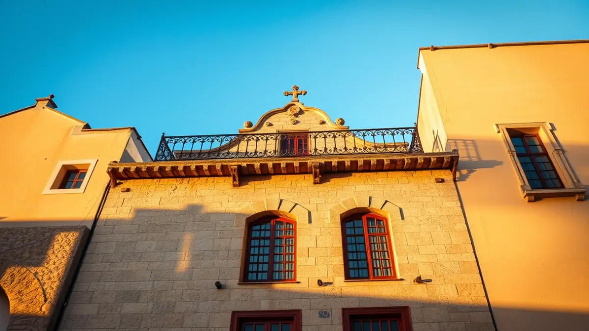 Fachada de un ayuntamiento tradicional canario con balcón ornamentado.