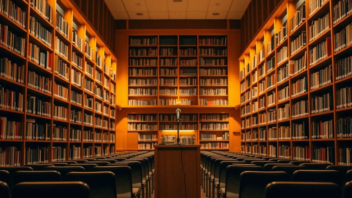 Generic image of an exhibition hall or library with a warm atmosphere.